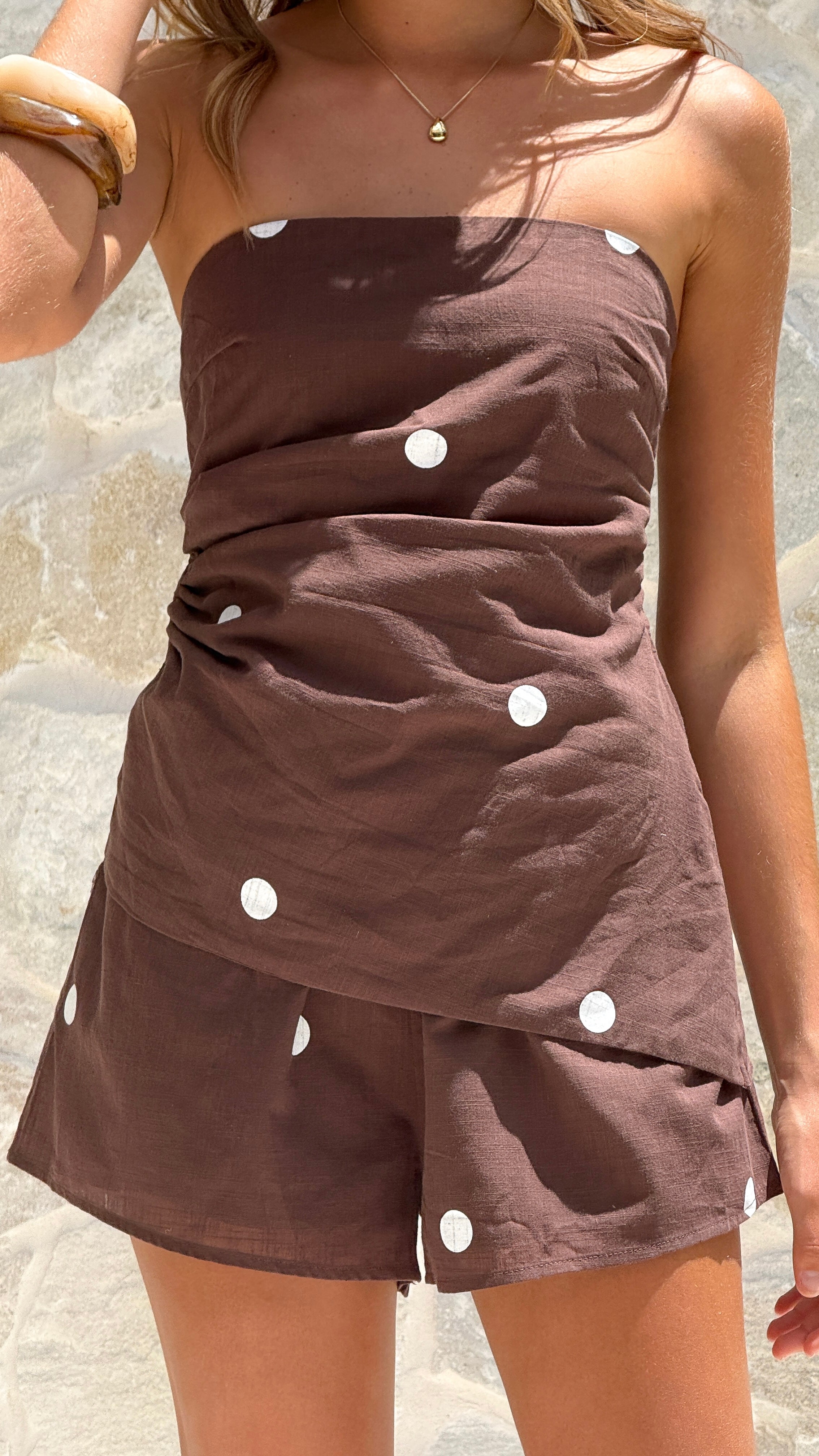 Gia Strapless Top and Shorts Set - Choc/White Polka Dot - Billy J