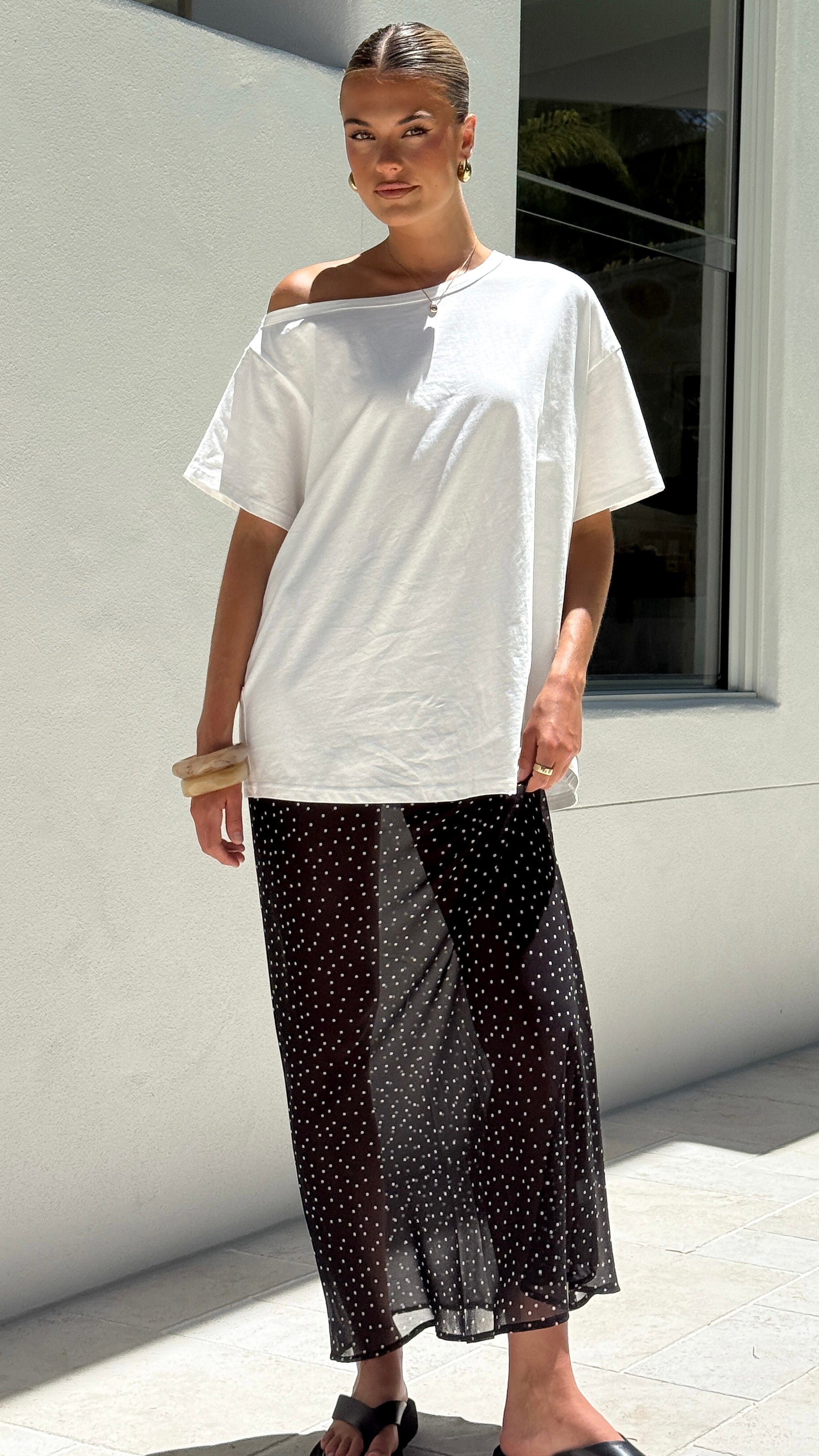 Elena Top and Maxi Skirt Set - White/Black Polka - Billy J