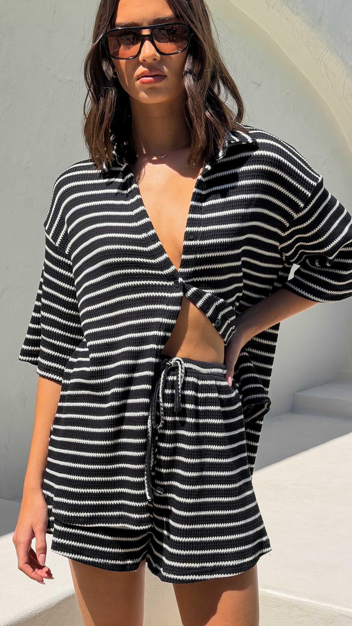 Lacole Button Up Shirt and Shorts Set - Black / White Stripe