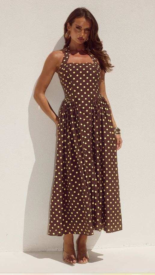 Sammi Halter Midi Dress - Choc/Lemon Polka - Buy Women's Midi Dresses   Billy J