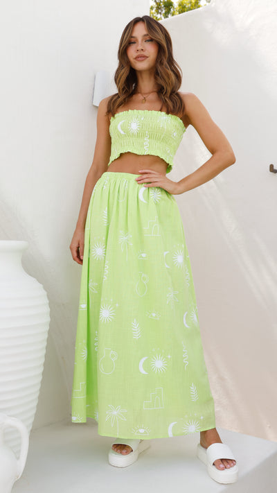 Load image into Gallery viewer, Abeba Strapless Top and Midi Skirt Set - Lime / White Sun Vase

