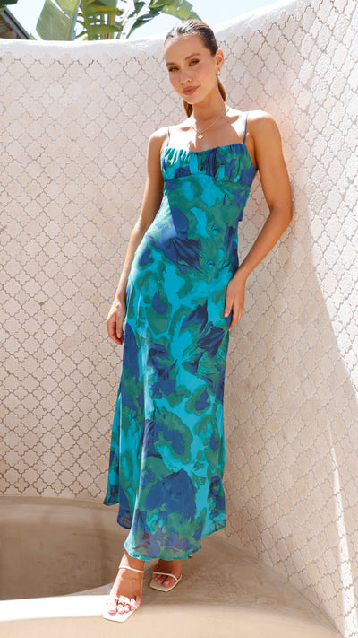 Load image into Gallery viewer, Margie Midi Dress - Blue/Green Floral - Billy J
