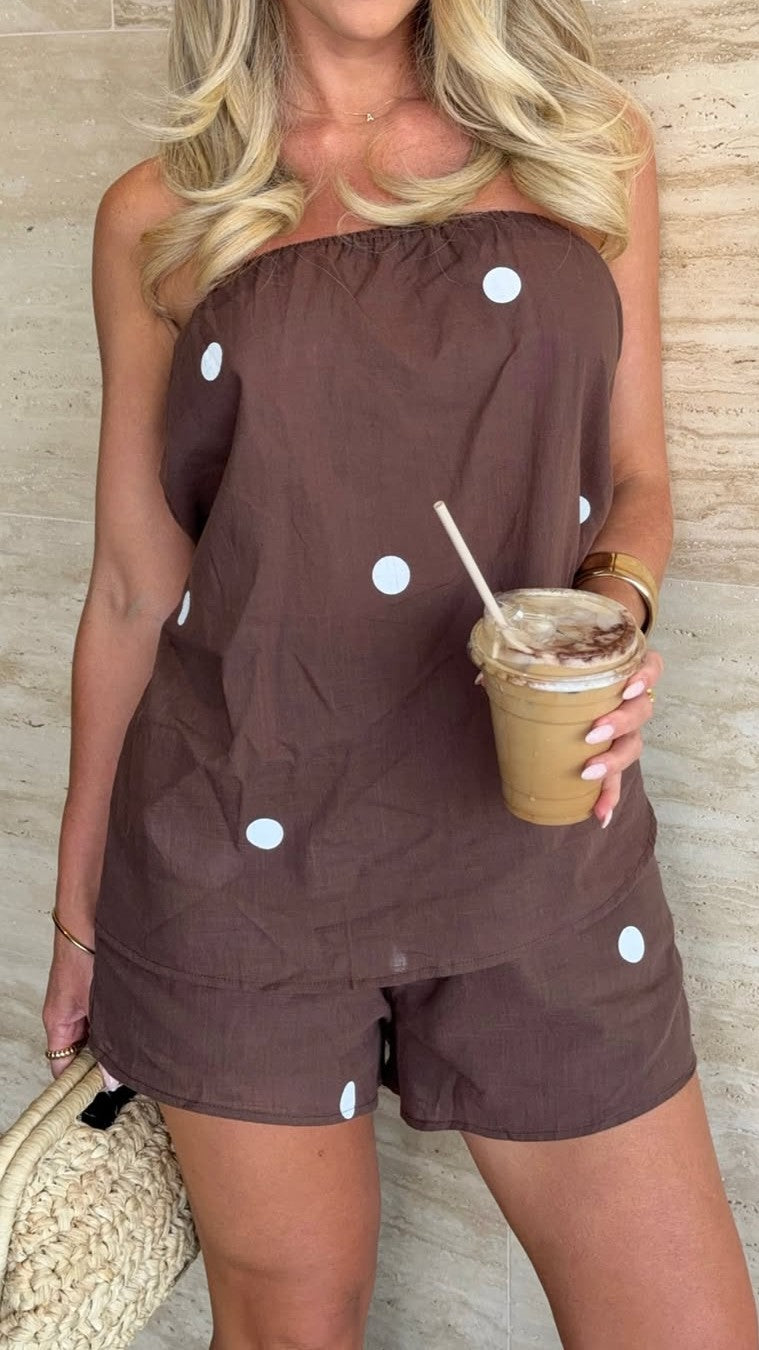 Calliope Strapless Top and Shorts Set - Brown/White Polka - Billy J