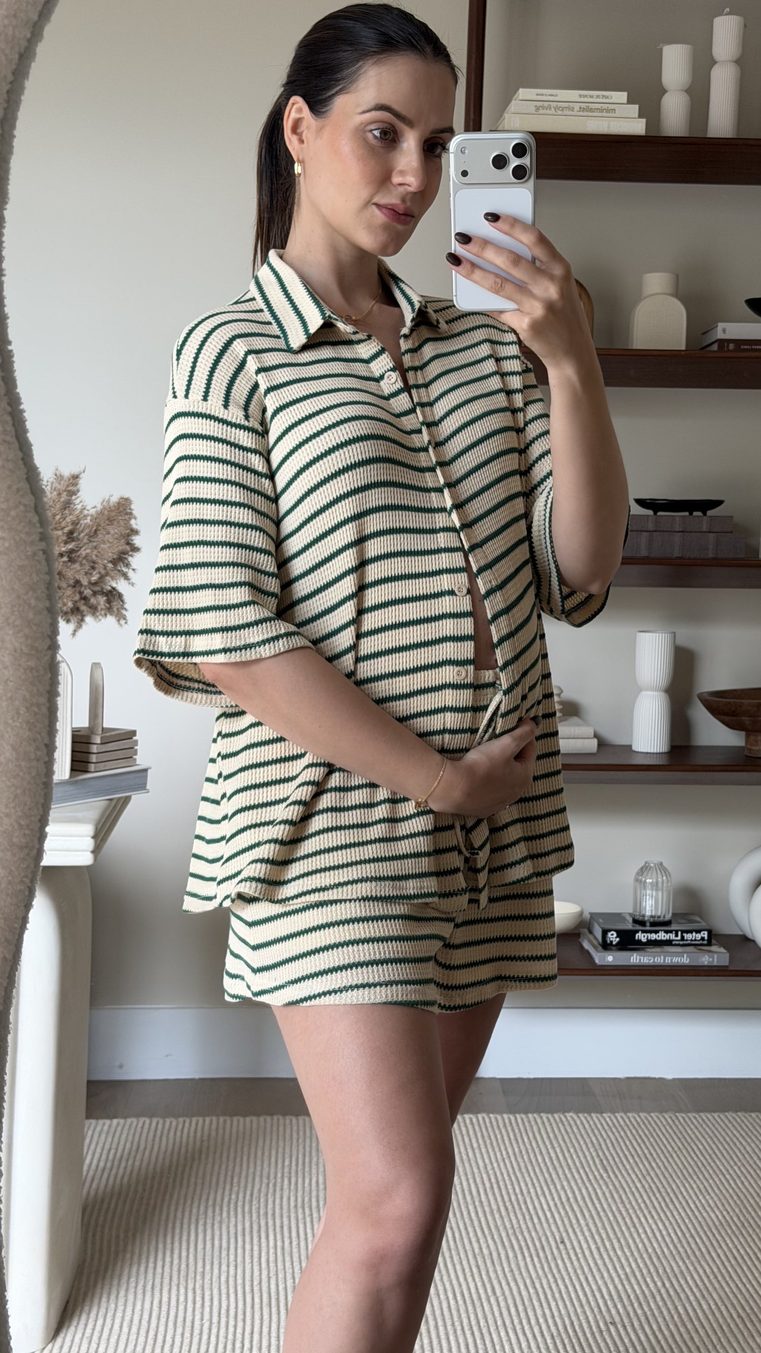 Lacole Button Up Shirt and Shorts Set - Beige / Green Stripe - Billy J