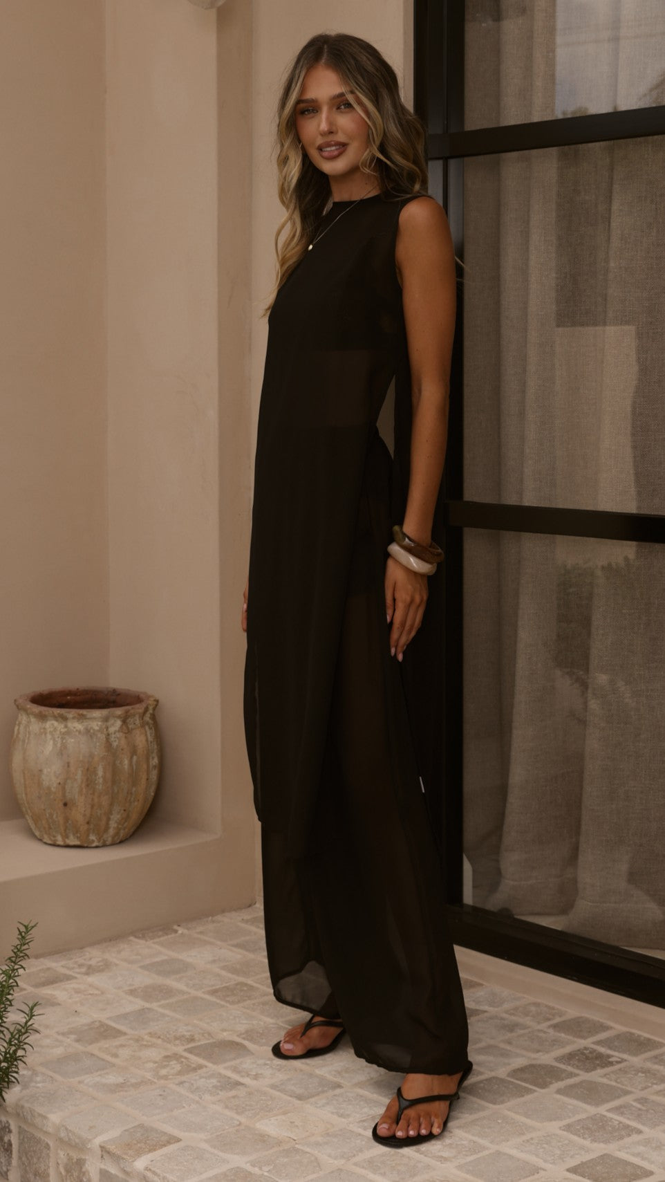 Zaire Long Line Sheer Top and Pants Set - Black - Billy J