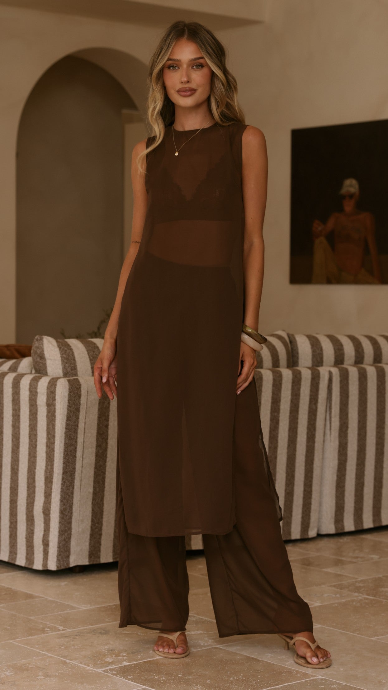 Zaire Long Line Sheer Top and Pants Set - Chocolate - Billy J