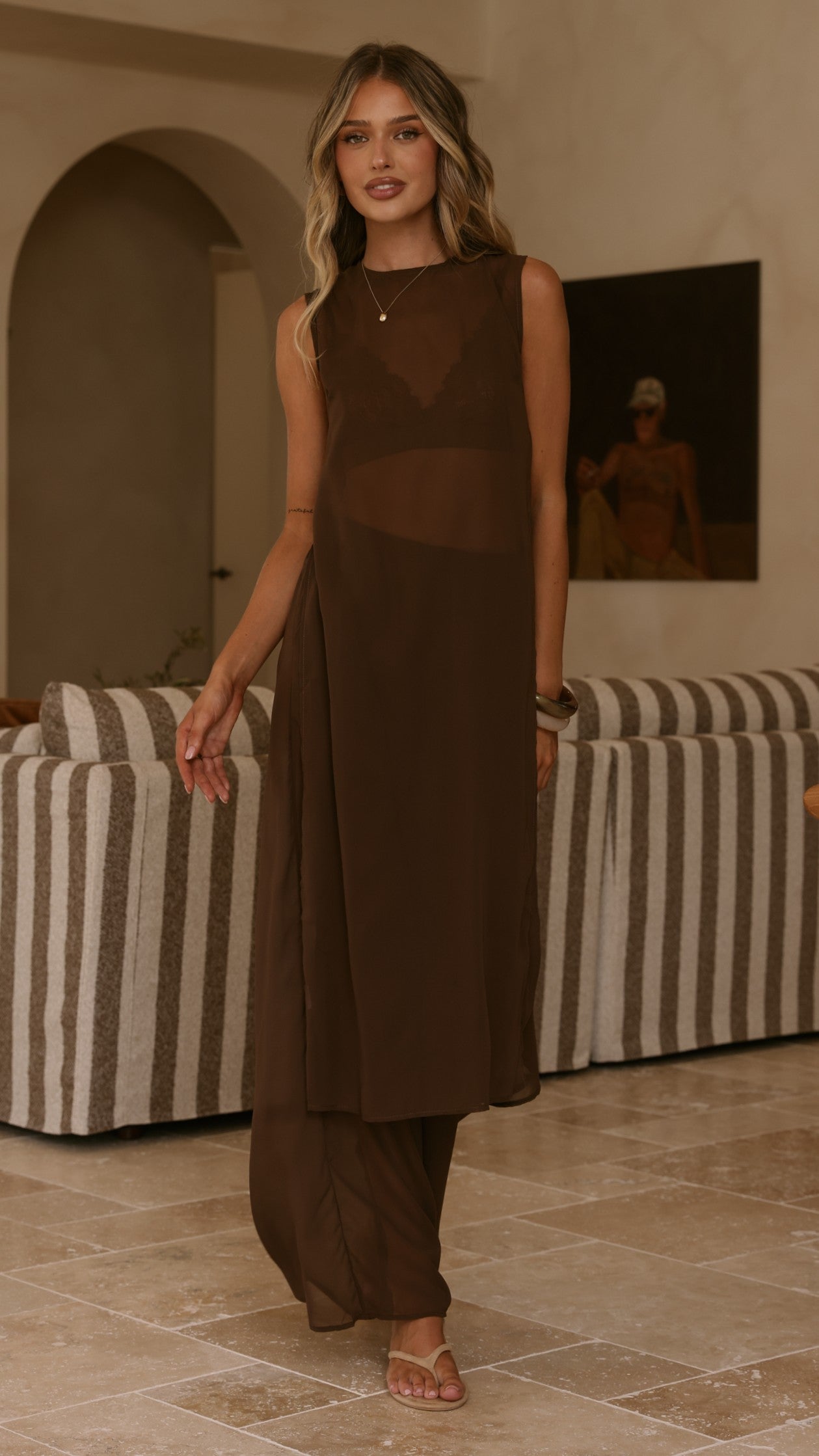 Zaire Long Line Sheer Top and Pants Set - Chocolate - Billy J
