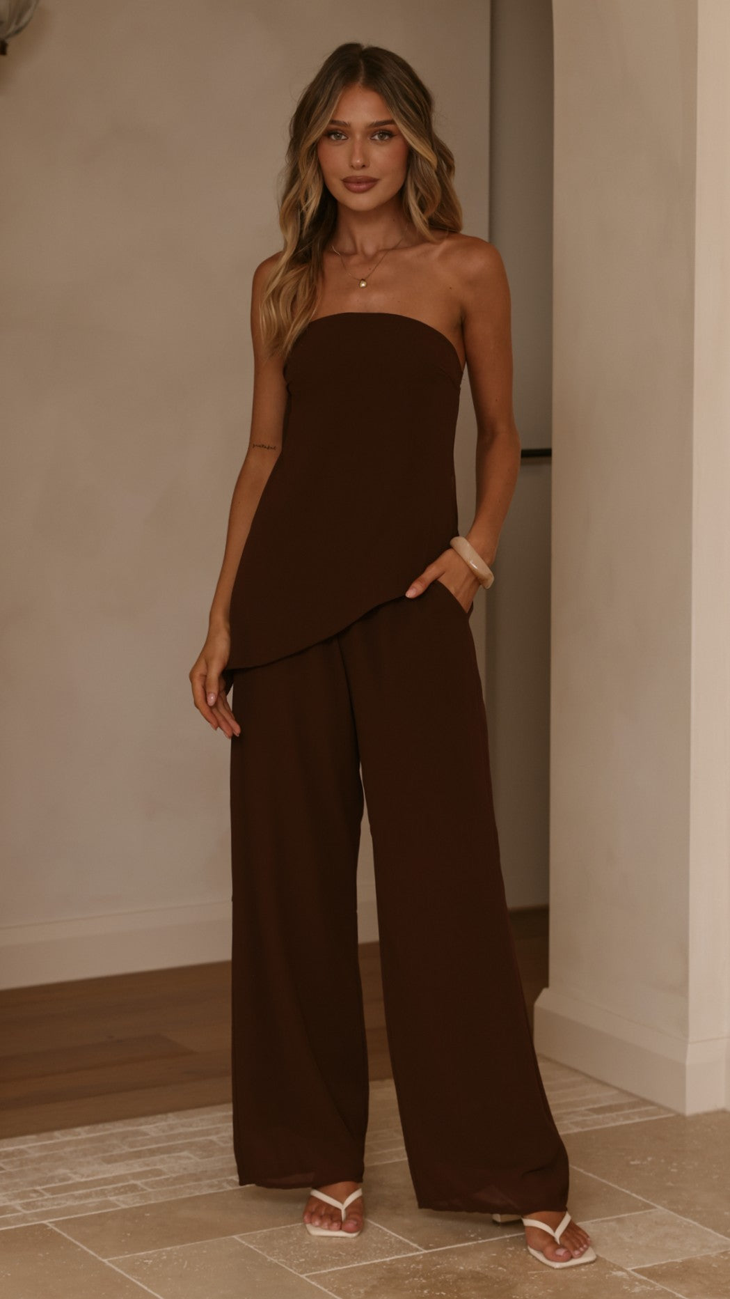 Zabrina Semi Sheer Strapless Top and Pants Set - Chocolate - Billy J