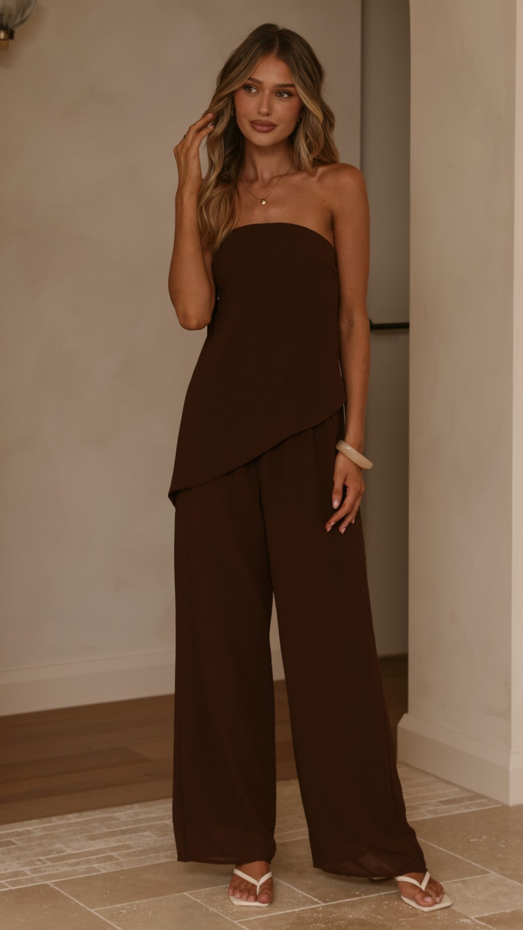 Zabrina Semi Sheer Strapless Top and Pants Set - Chocolate - Billy J