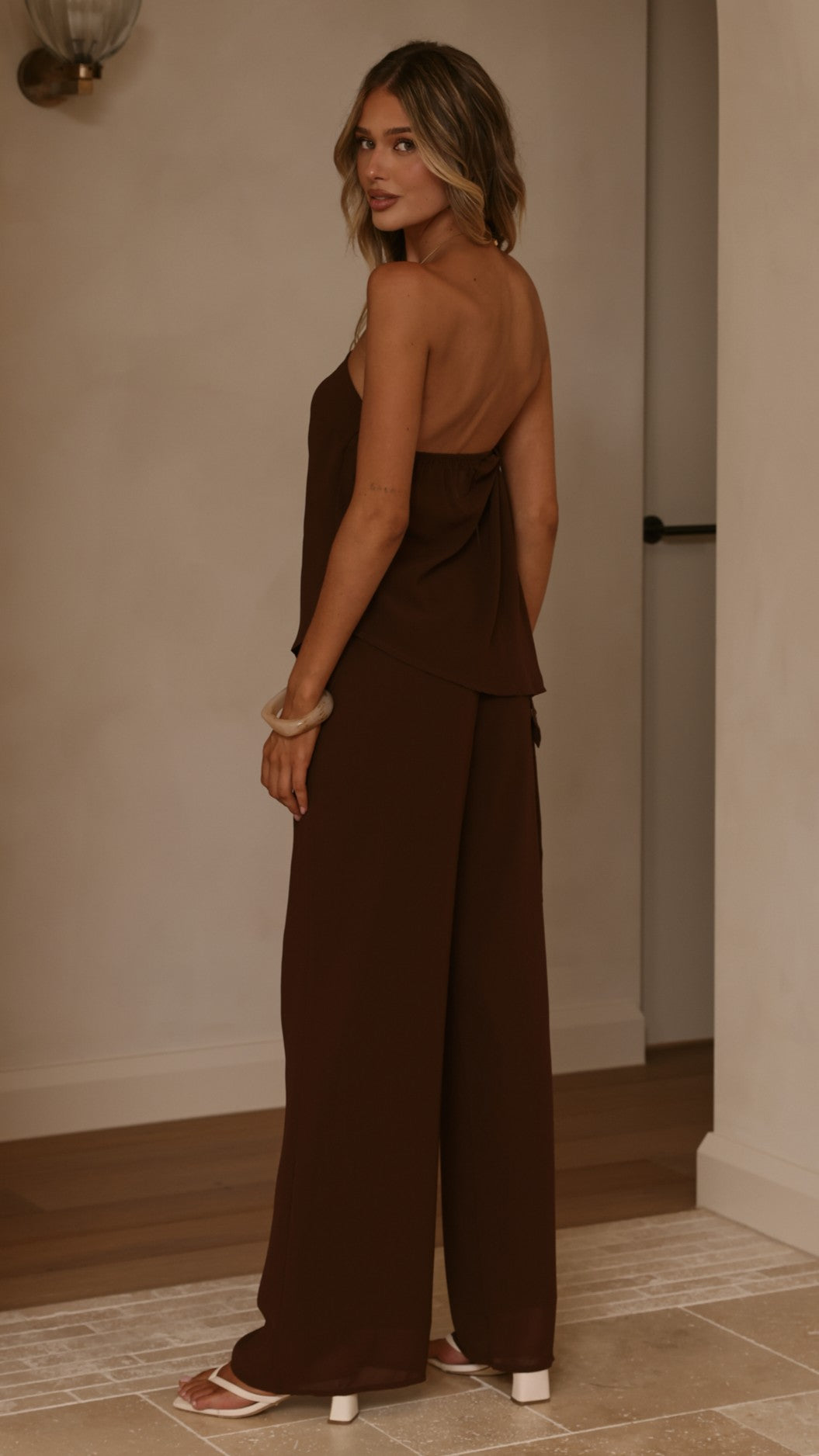 Zabrina Semi Sheer Strapless Top and Pants Set - Chocolate - Billy J