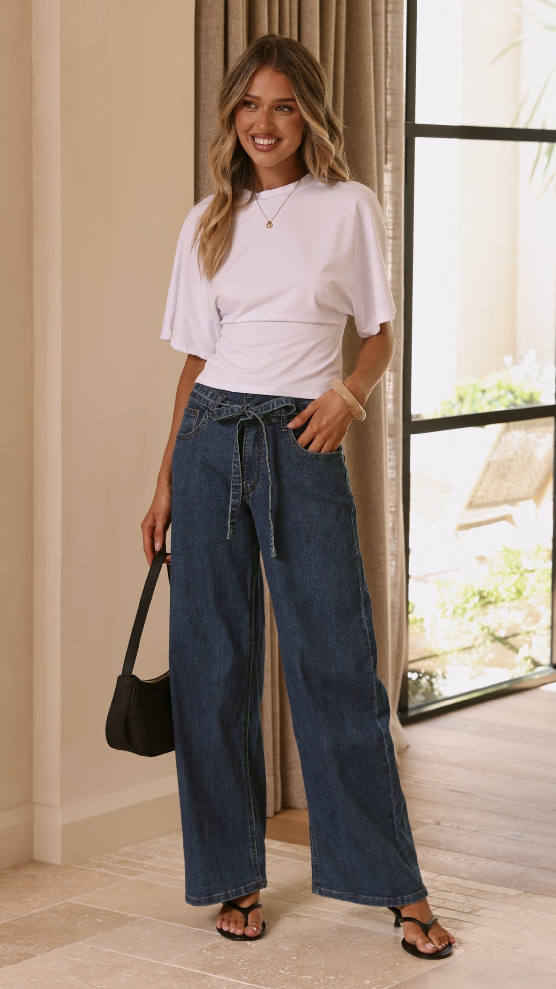 Vicky Tie Waist Straight Leg Jeans - Dark Wash - Billy J