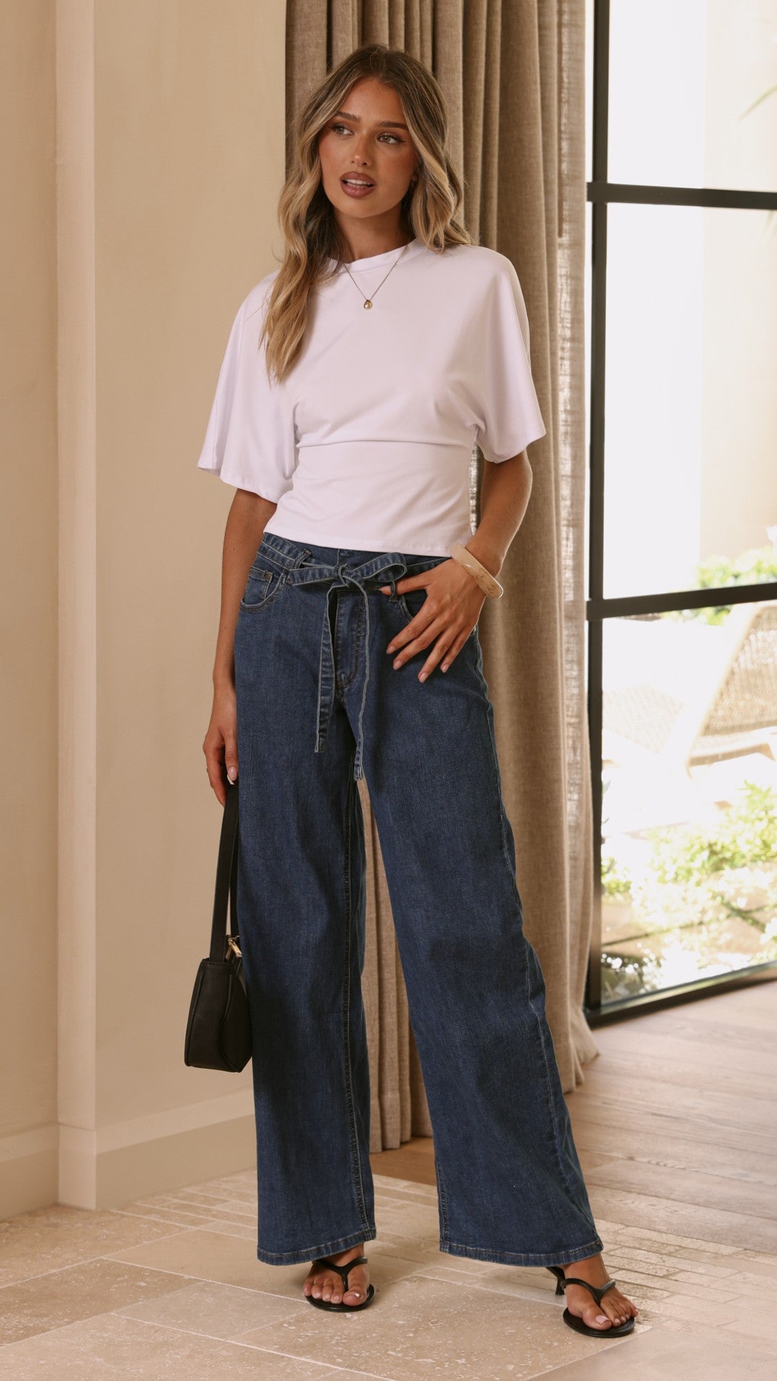 Vicky Tie Waist Straight Leg Jeans - Dark Wash - Billy J