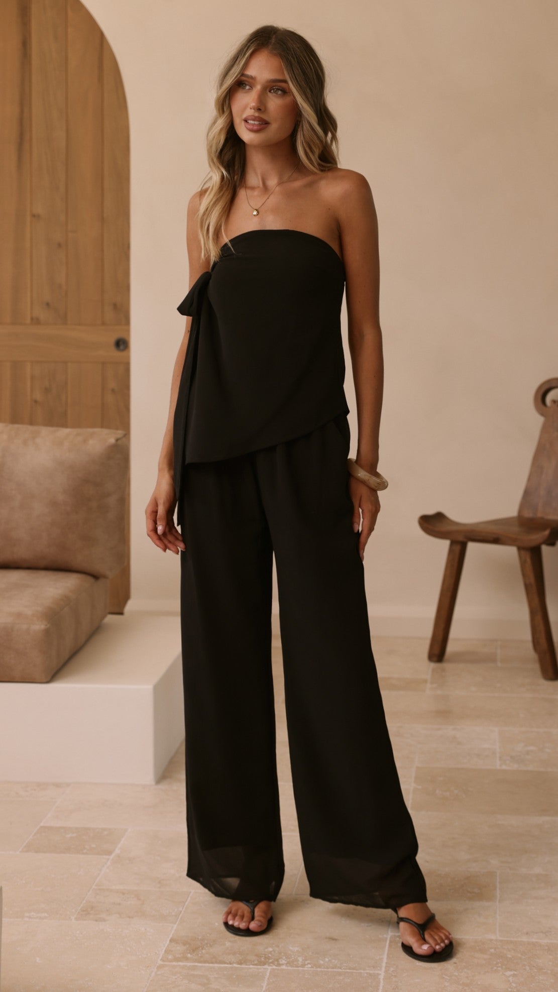Zabrina Semi Sheer Strapless Top and Pants Set - Black - Billy J