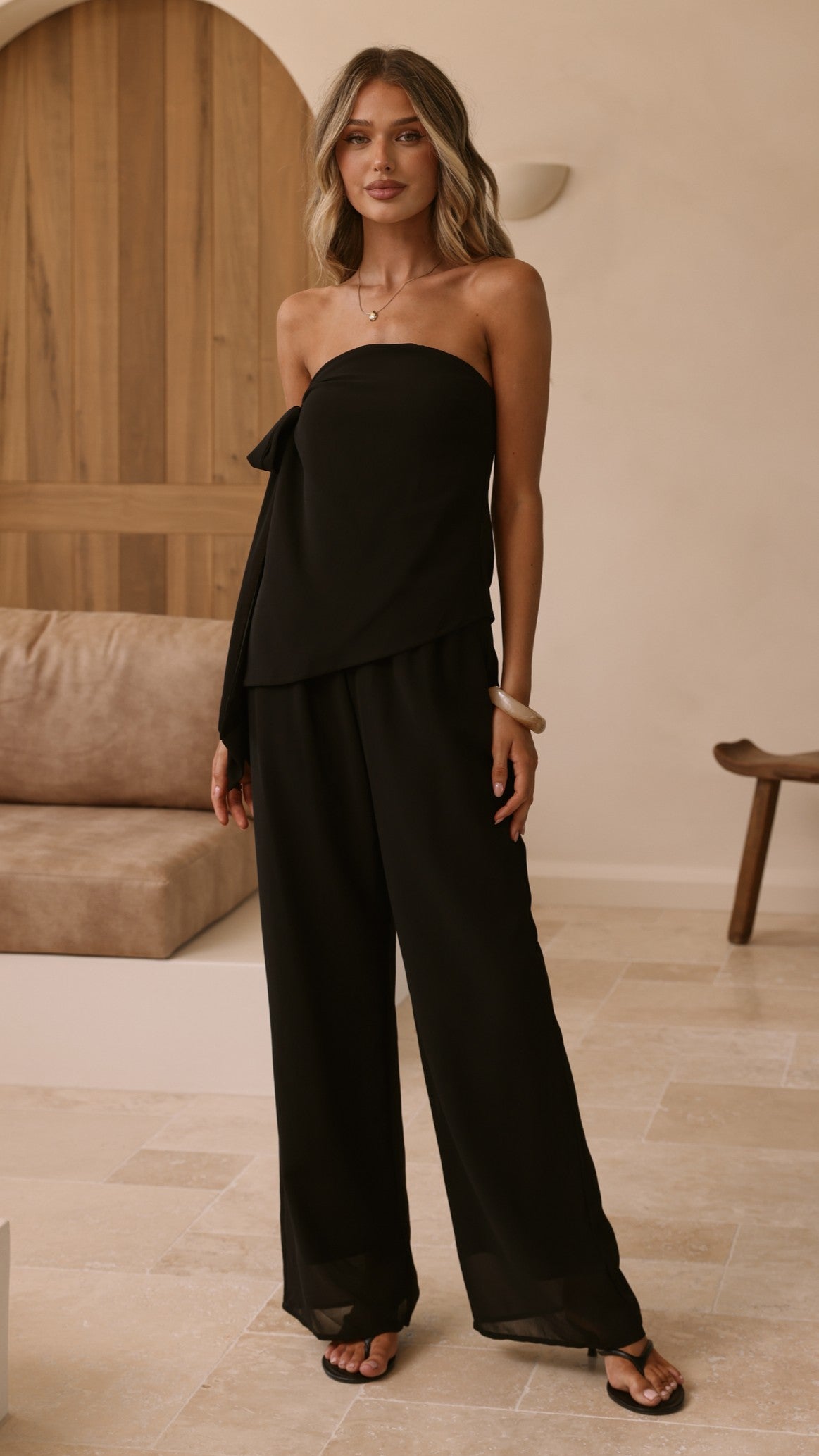 Zabrina Semi Sheer Strapless Top and Pants Set - Black - Billy J