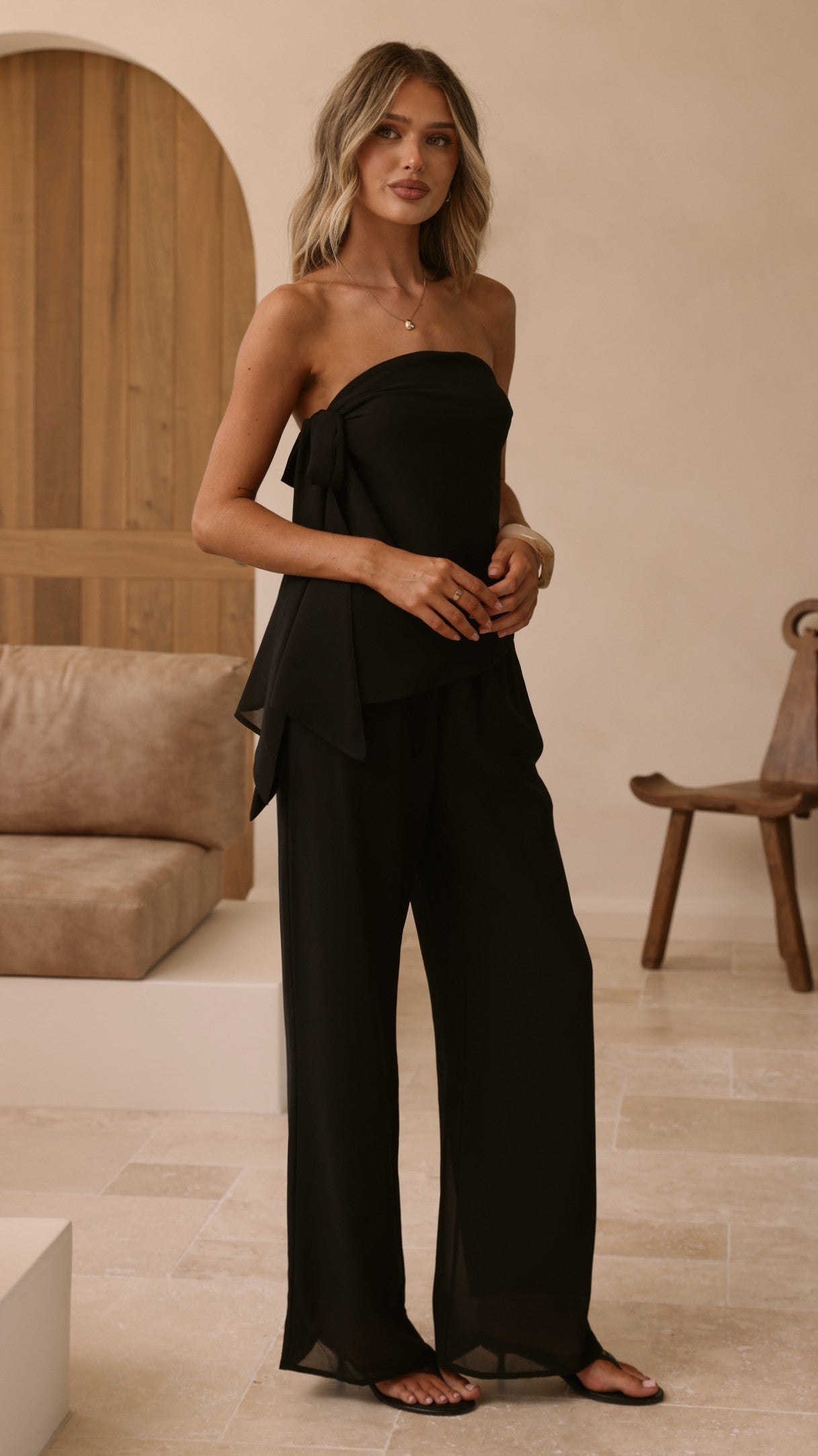 Zabrina Semi Sheer Strapless Top and Pants Set - Black - Billy J