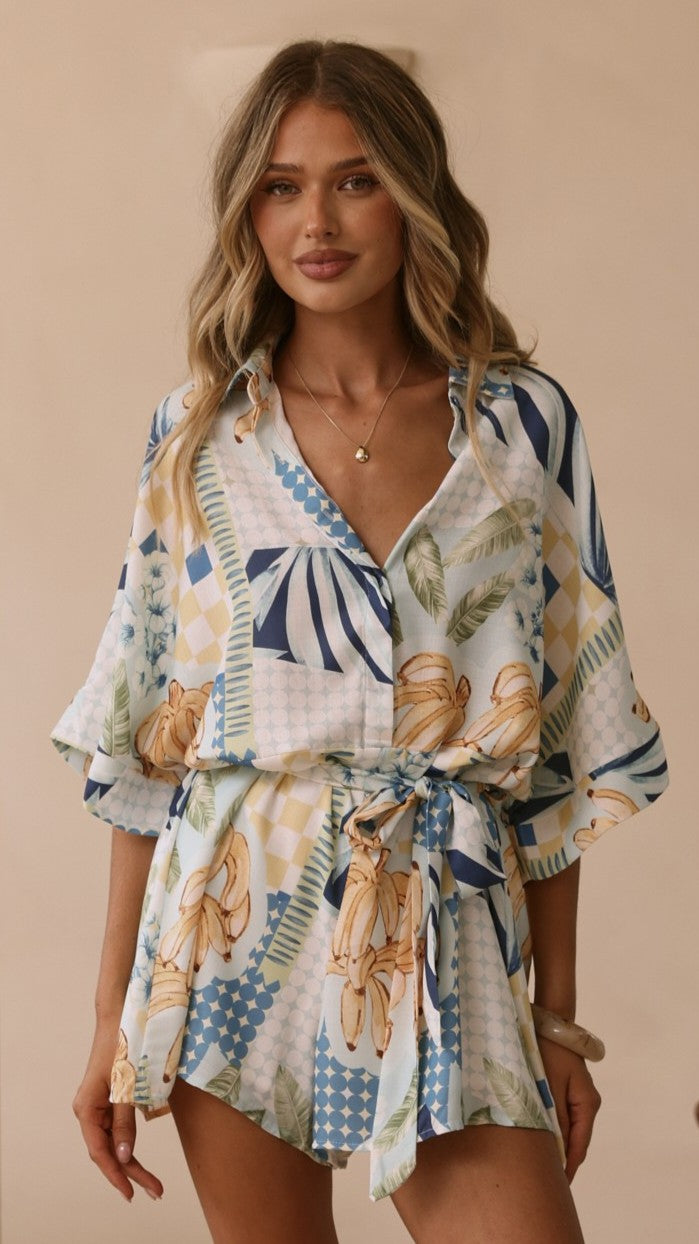 Farrah Playsuit - Blue/Yellow Print - Billy J