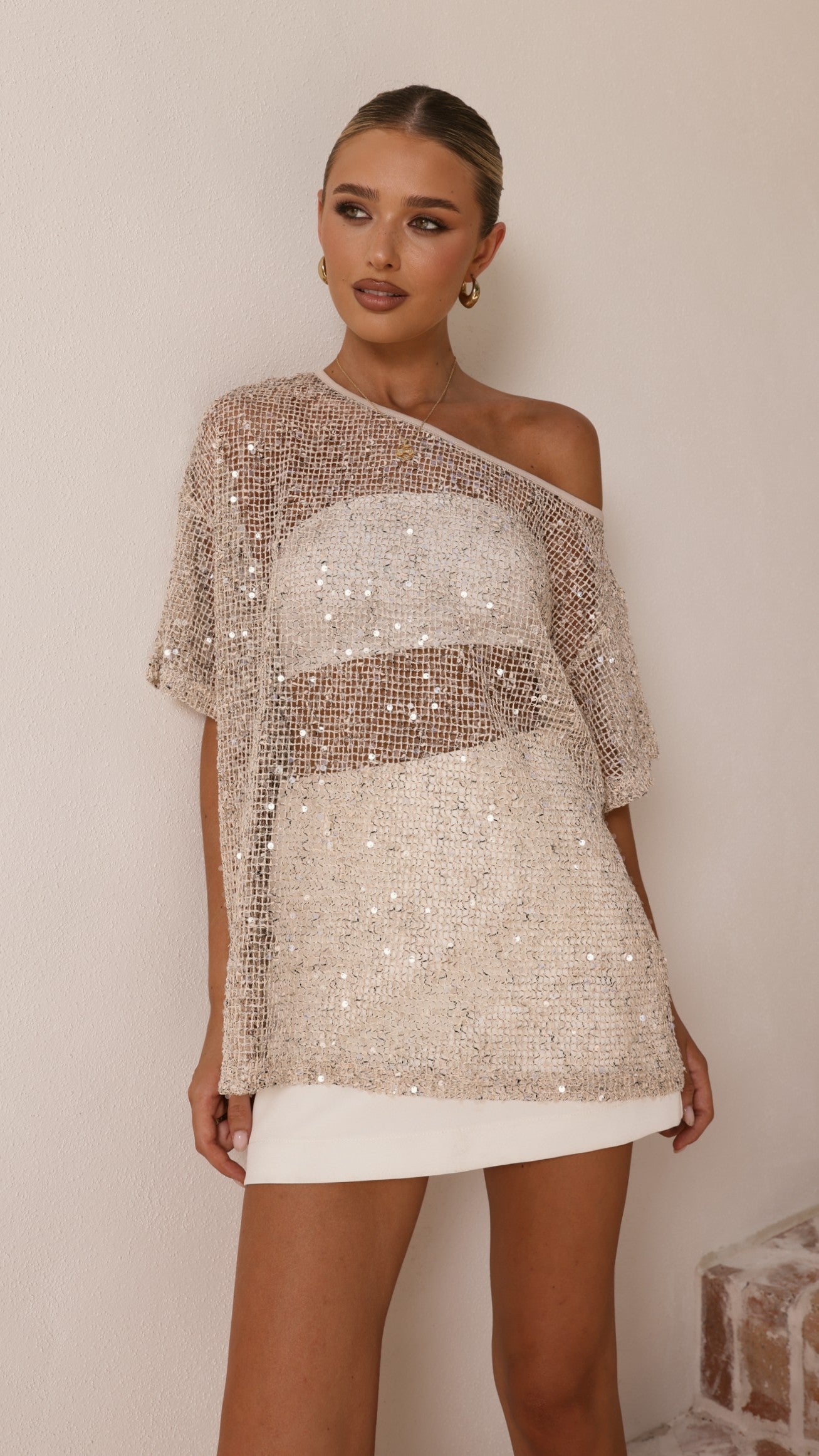 Zinnie Sequins Off Shoulder Top - Beige - Billy J