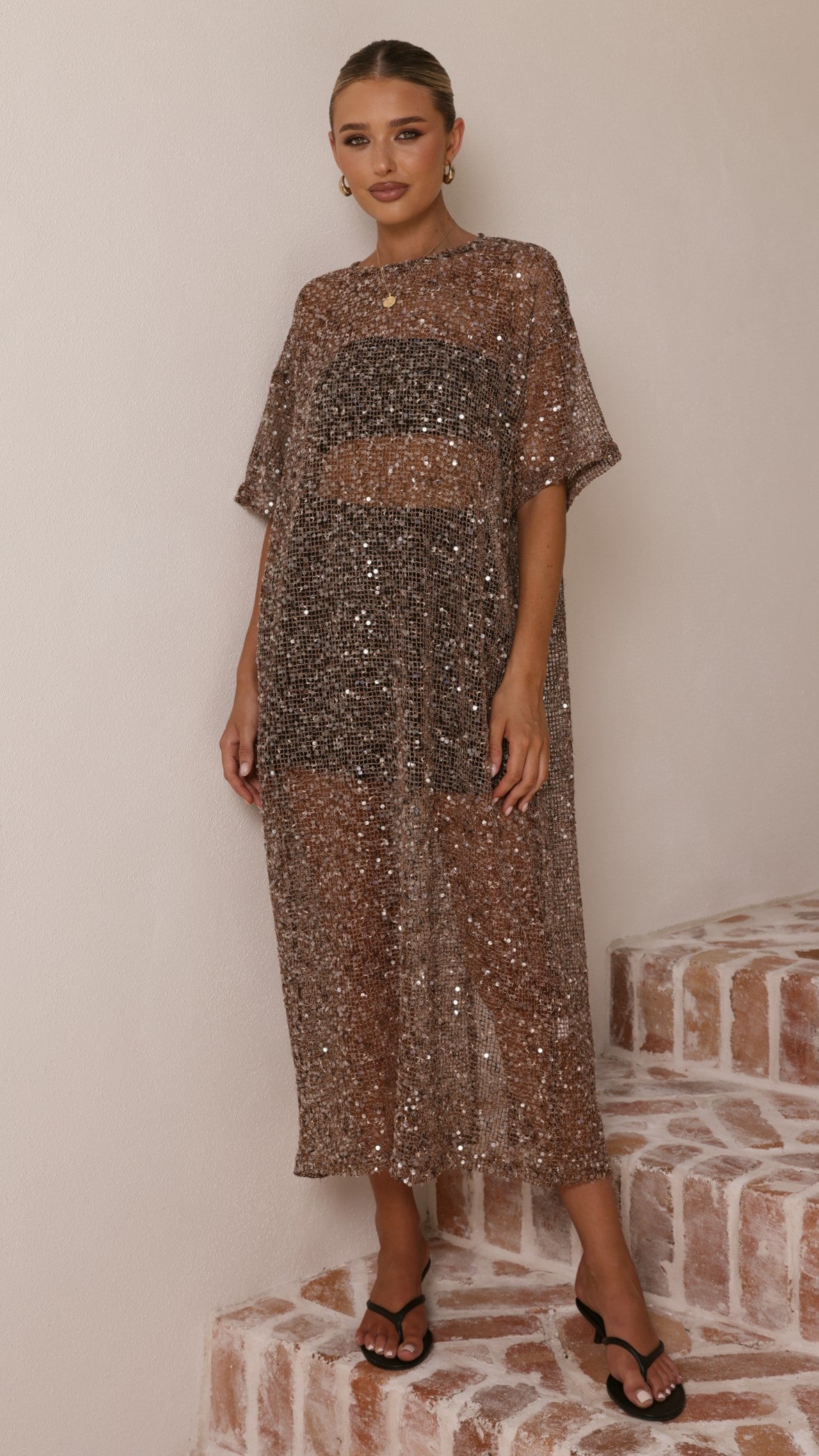 Zinnia Sequins Maxi Dress - Mocha - Billy J