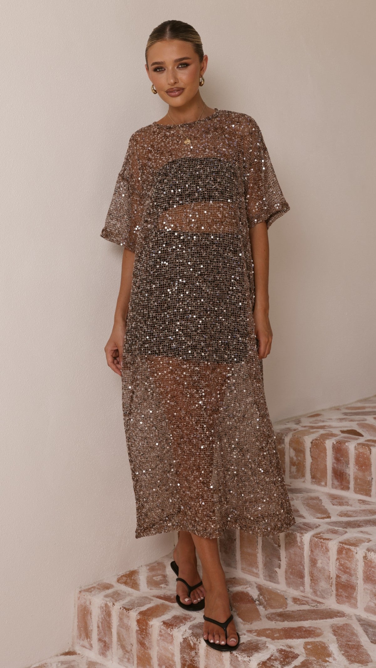 Zinnia Sequins Maxi Dress - Mocha - Billy J