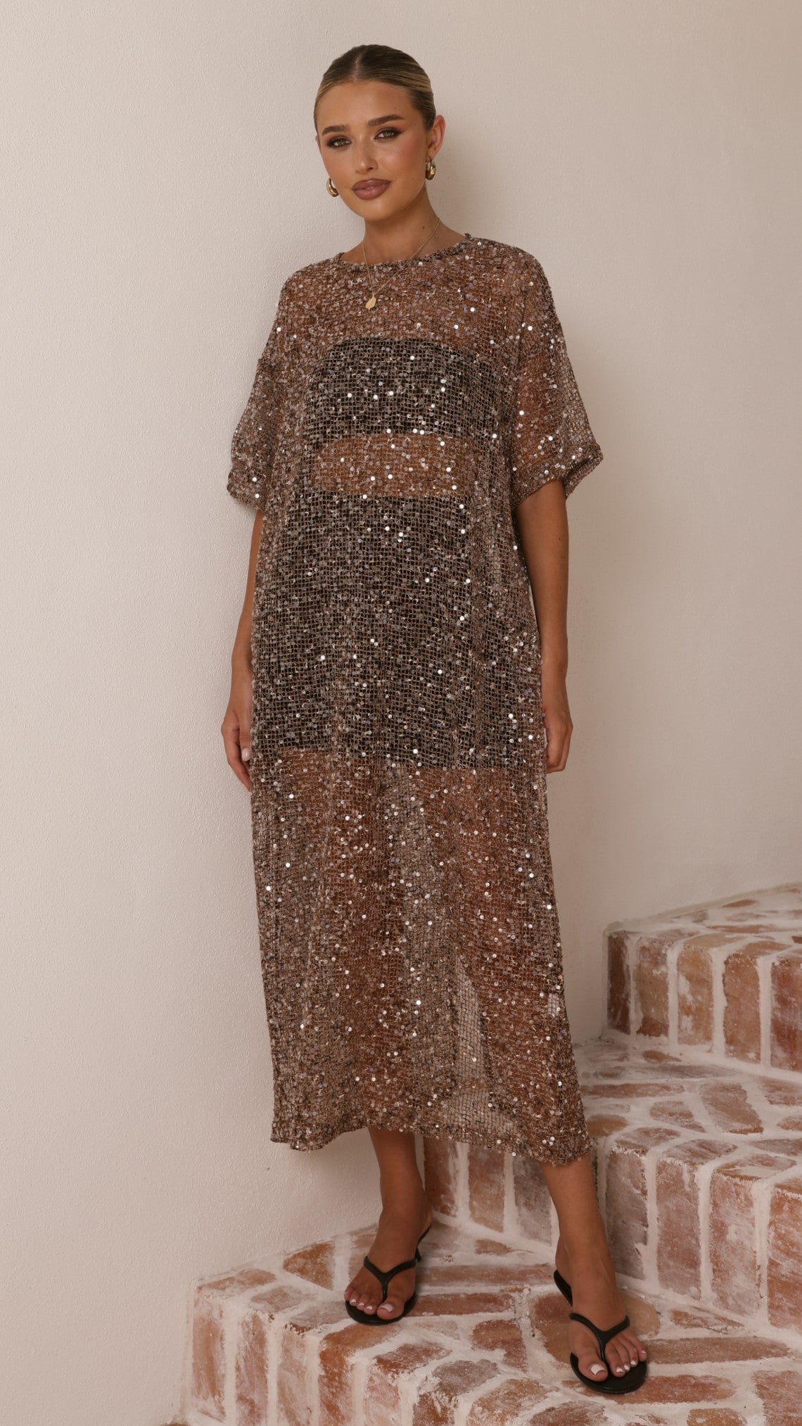 Zinnia Sequins Maxi Dress - Mocha - Billy J