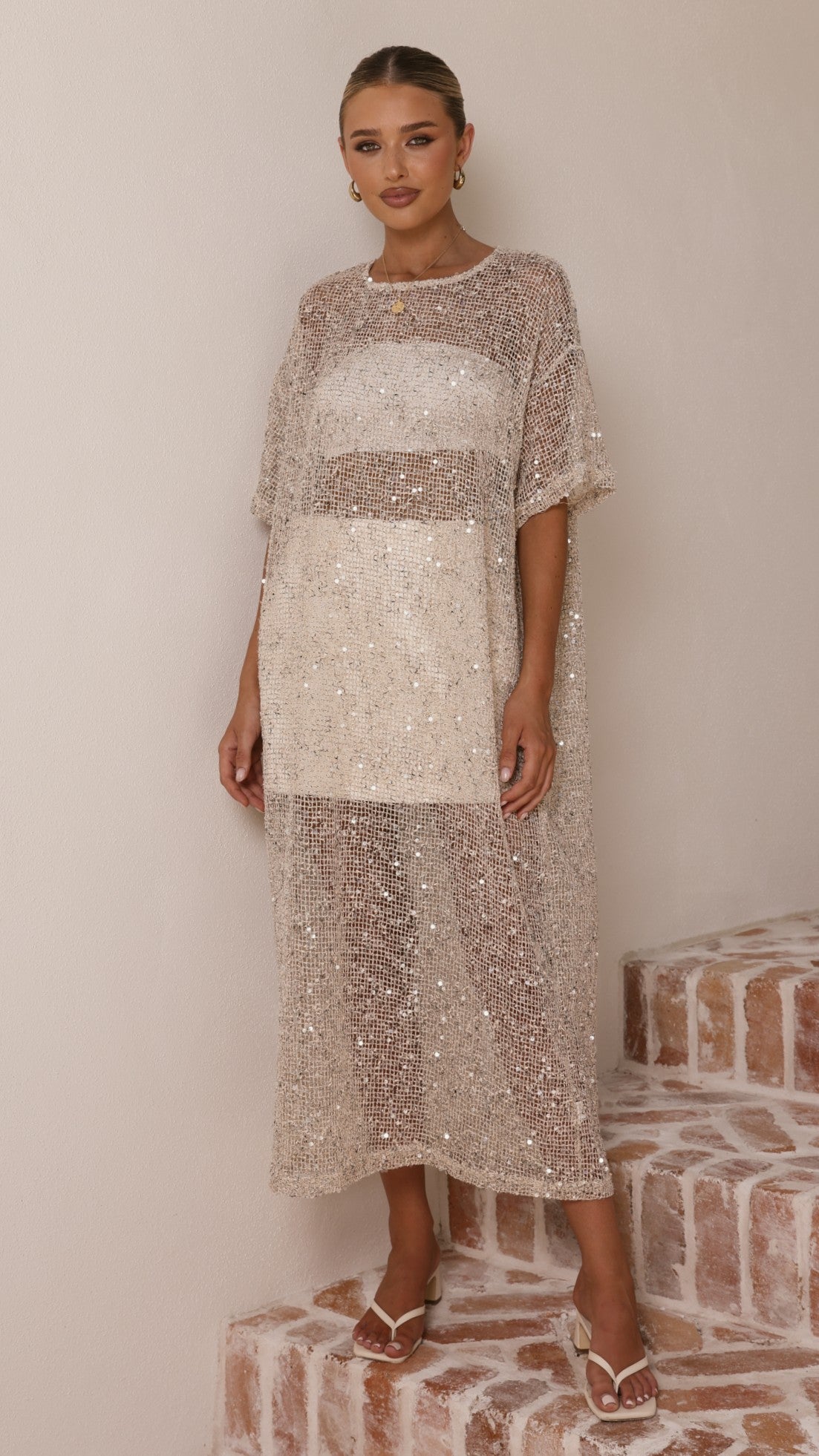 Zinnia Sequins Maxi Dress - Beige - Billy J