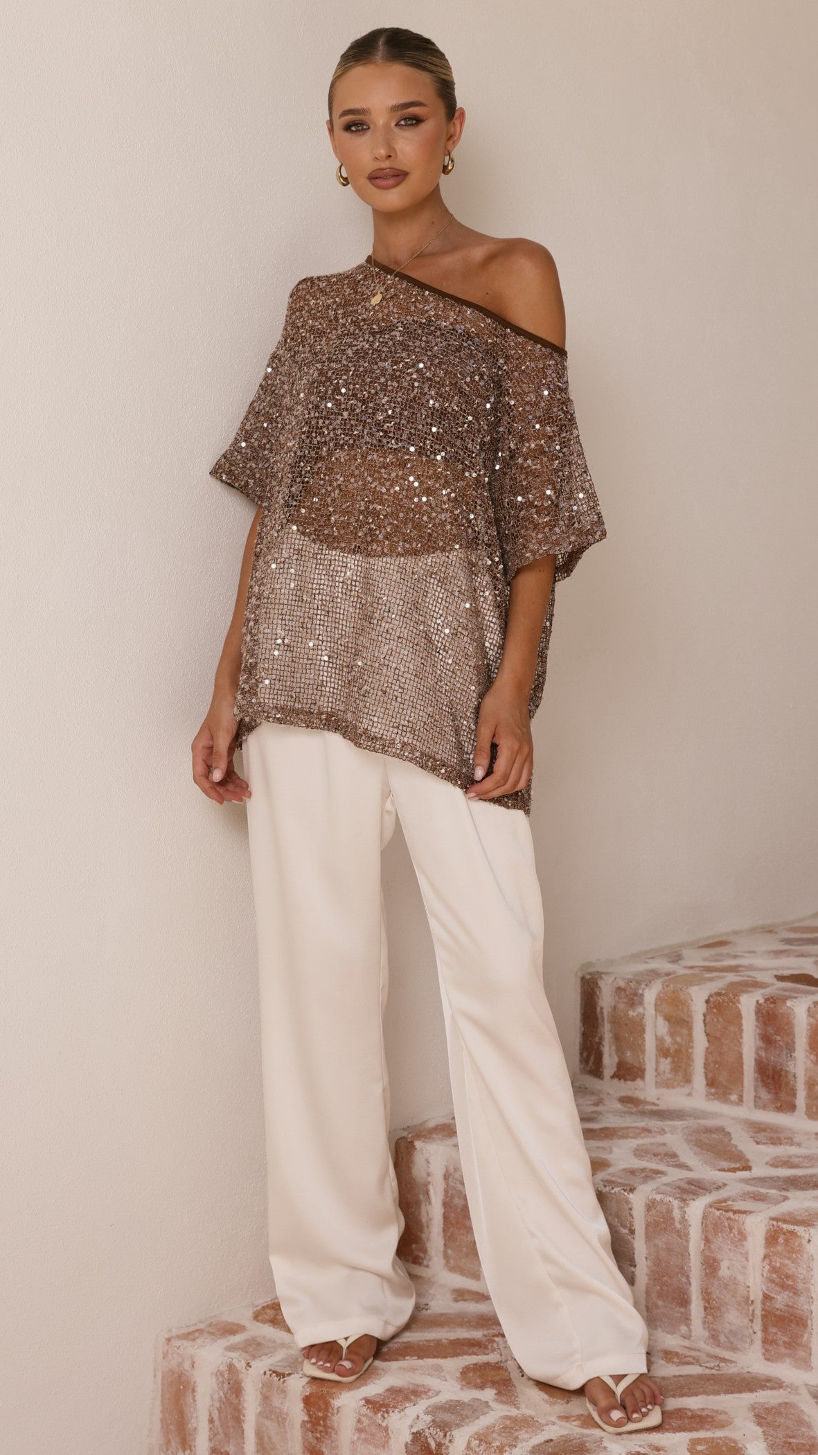 Zinnie Sequins Off Shoulder Top - Mocha - Billy J