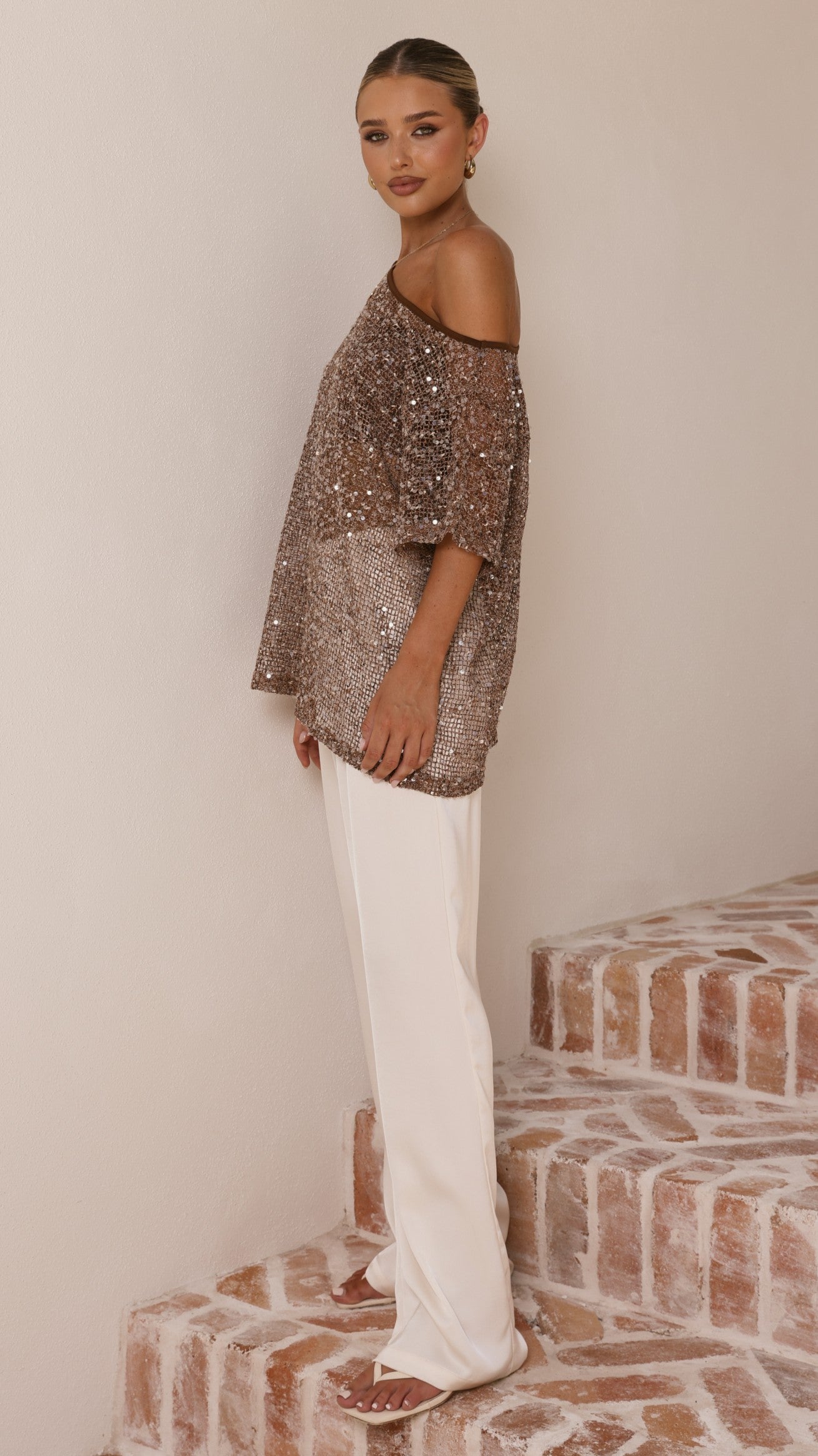 Zinnie Sequins Off Shoulder Top - Mocha - Billy J