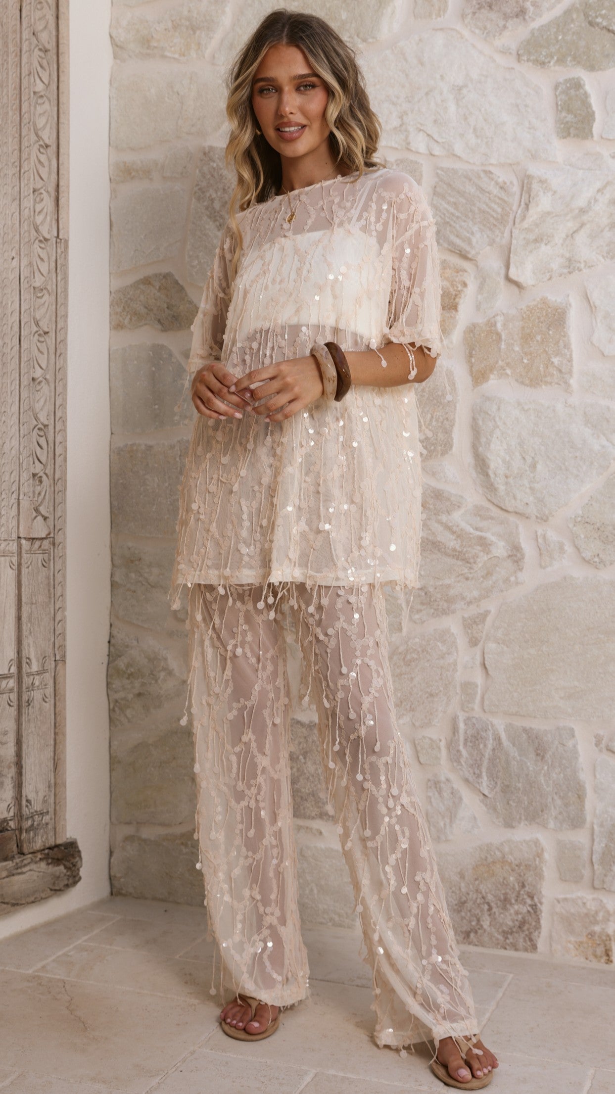 Zabby Sequin Oversized T-Shirt - Beige - Billy J