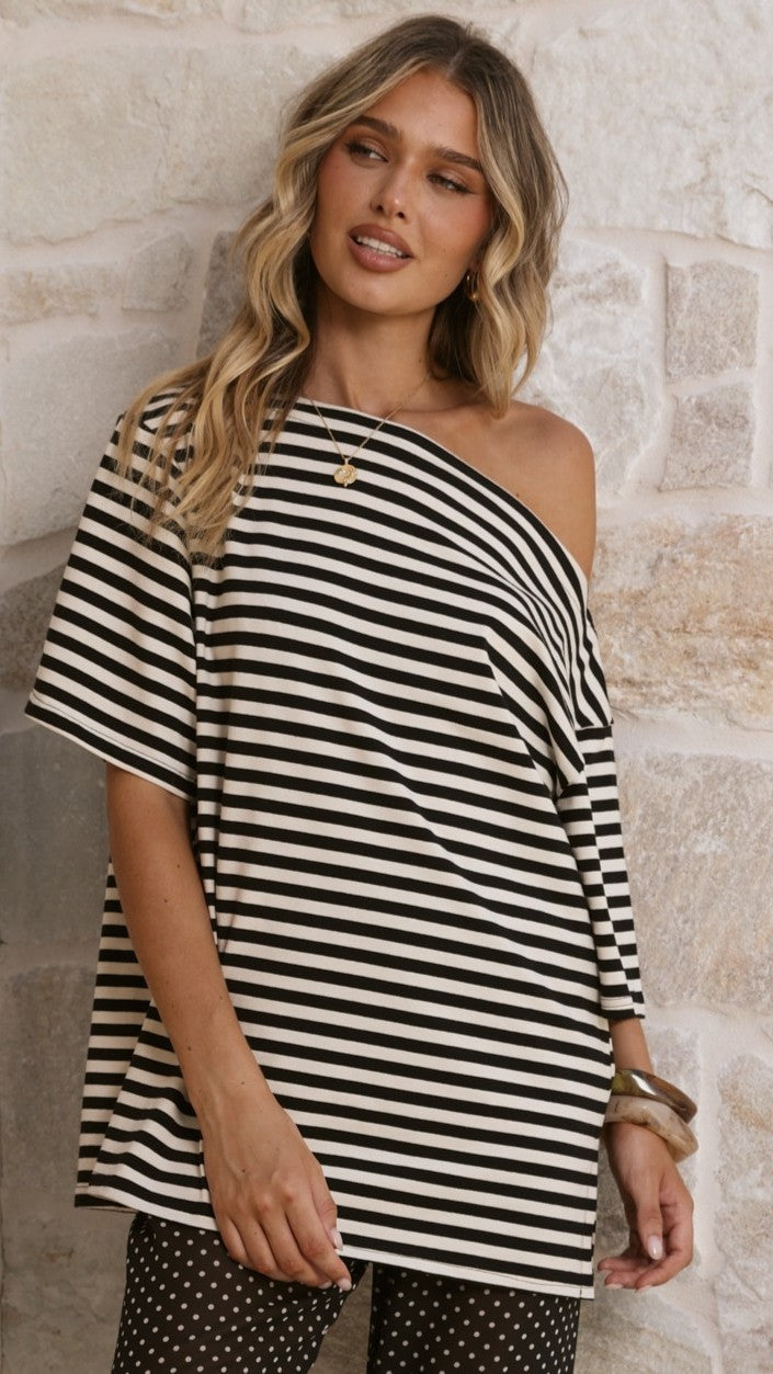 Pia One Shoulder Oversize Tee - Black/White Stripe - Billy J