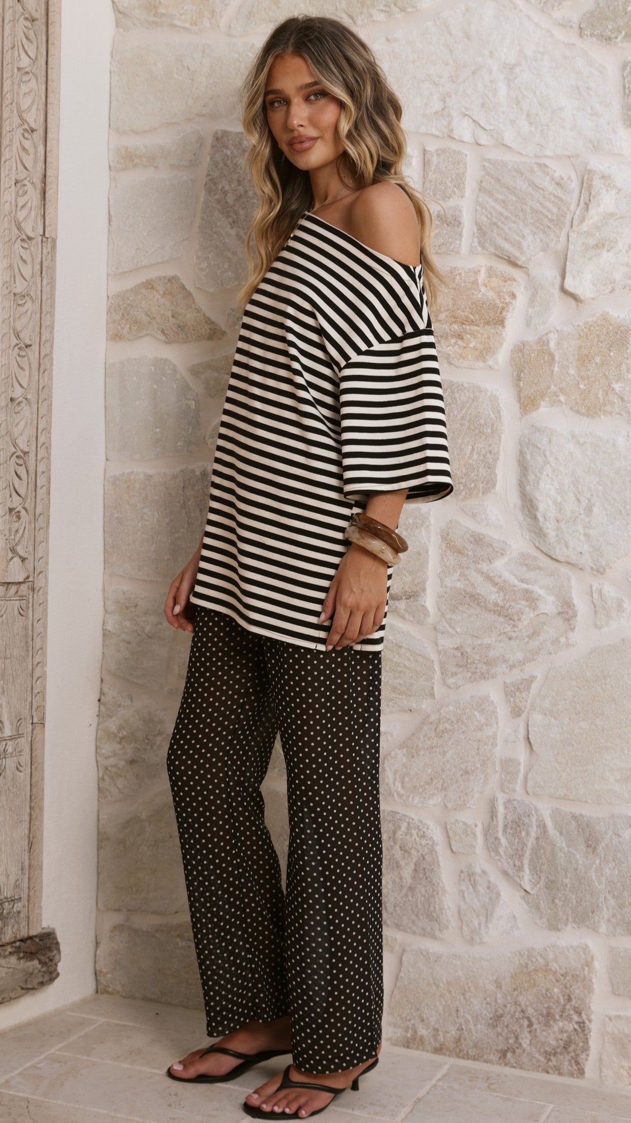 Pia One Shoulder Oversize Tee - Black/White Stripe - Billy J