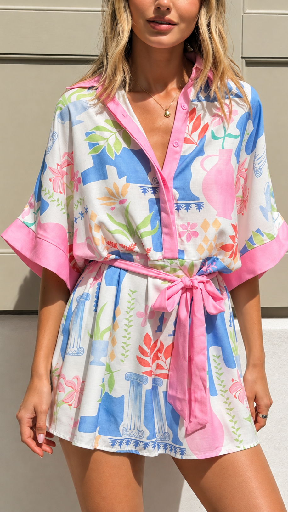 Carmen Playsuit - Blue/Pink Print - Billy J