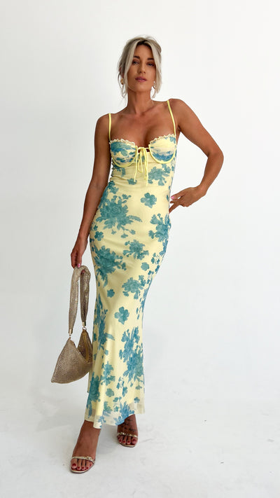 Load image into Gallery viewer, Electra Maxi Dress - Yellow/Blue Floral - Billy J
