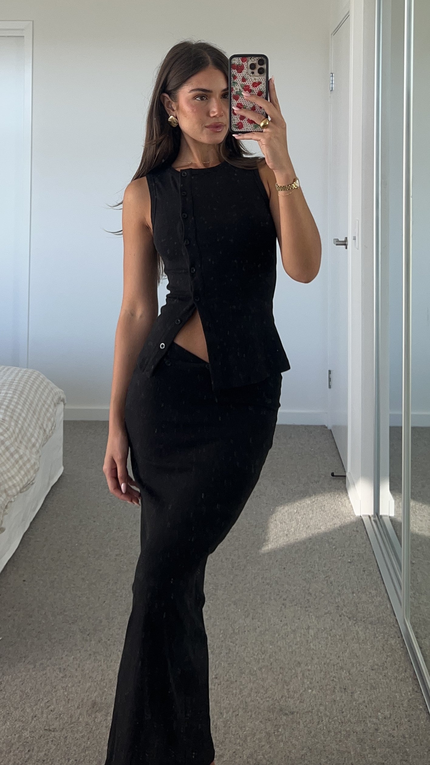 Rahela Button Top and Maxi Skirt Set - Black - Billy J