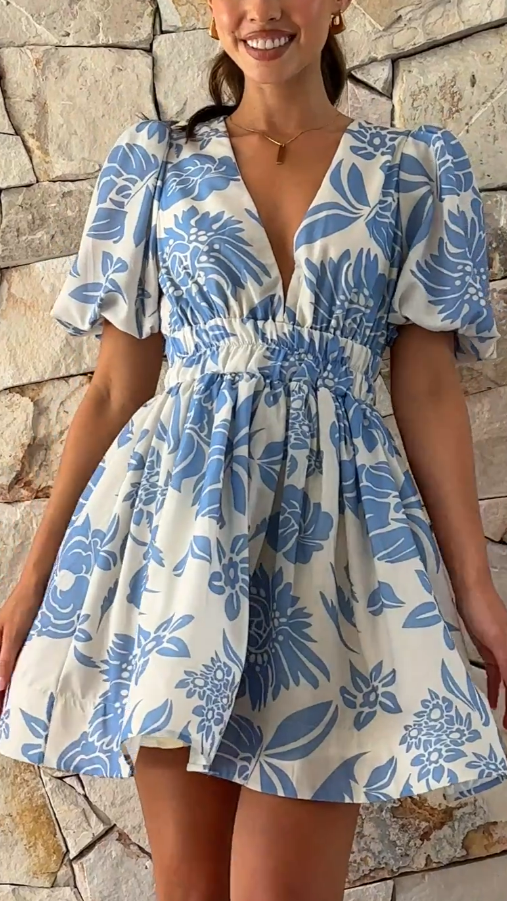 Erin Mini Dress - Blue Floral