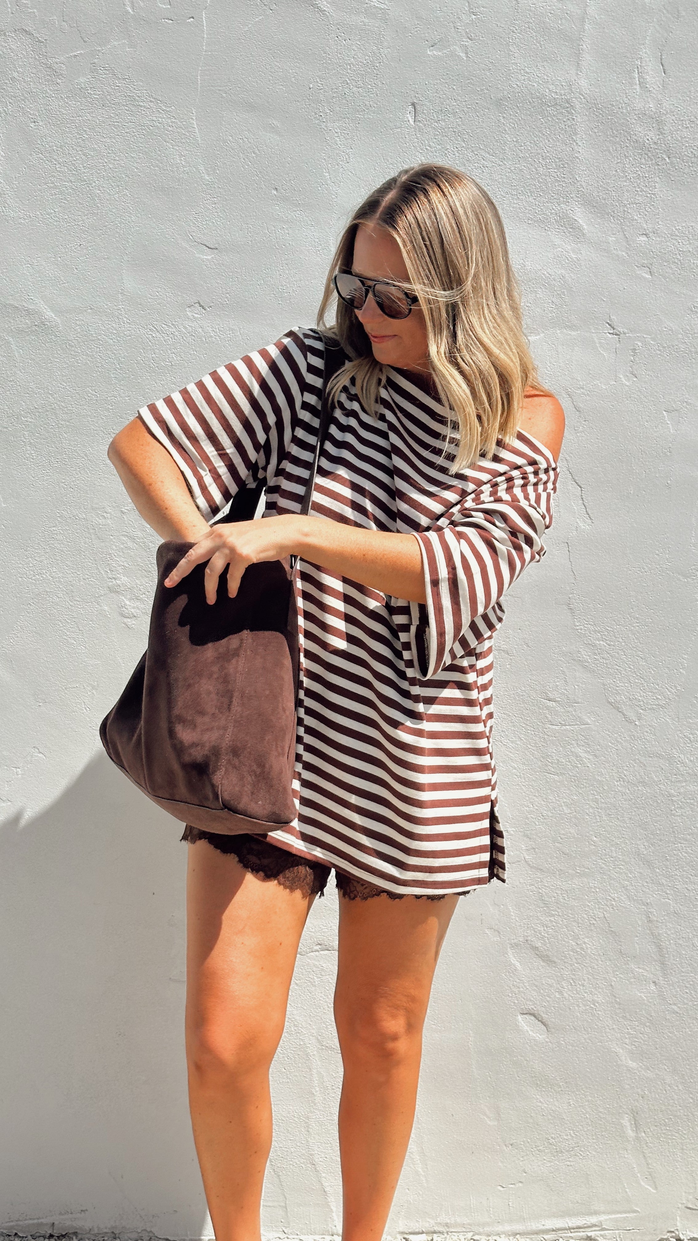 Pia One Shoulder Oversize Tee - Choc/White Stripe - Billy J