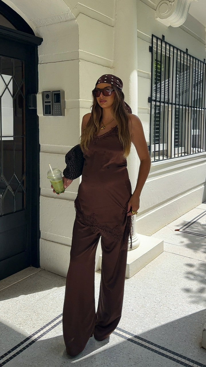 Hayleigh Asymmetrical Top and Pants Set - Chocolate/Lace - Billy J