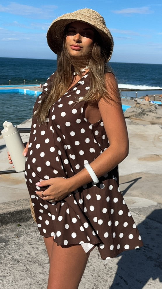 Vanessa Oversized Mini Dress - Brown Polka - Billy J