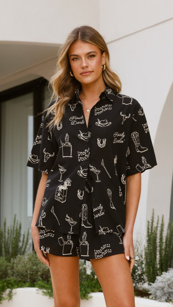 Charli Button Up Shirt and Shorts Set - Black/Beige Cowboy Print - Billy J