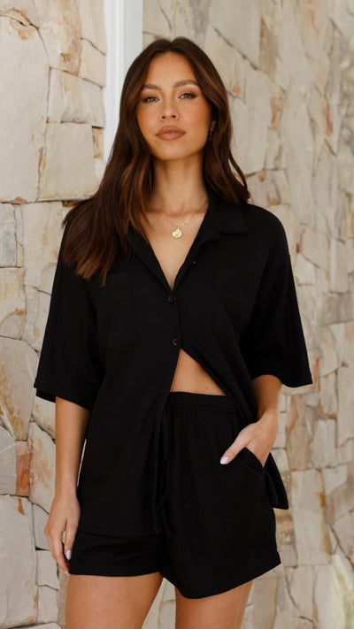 Load image into Gallery viewer, Machiko Button Up Shirt and Shorts Set - Black Waffle Knit
