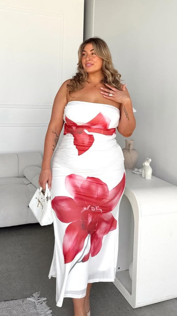Brittani Strapless Maxi Dress - White/Red - Billy J