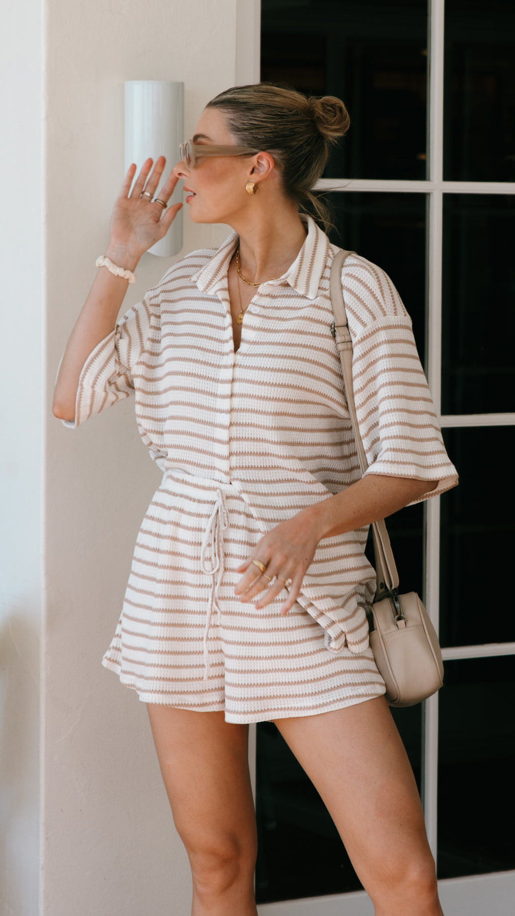 Lacole Button Up Shirt and Shorts Set - White / Beige Stripe