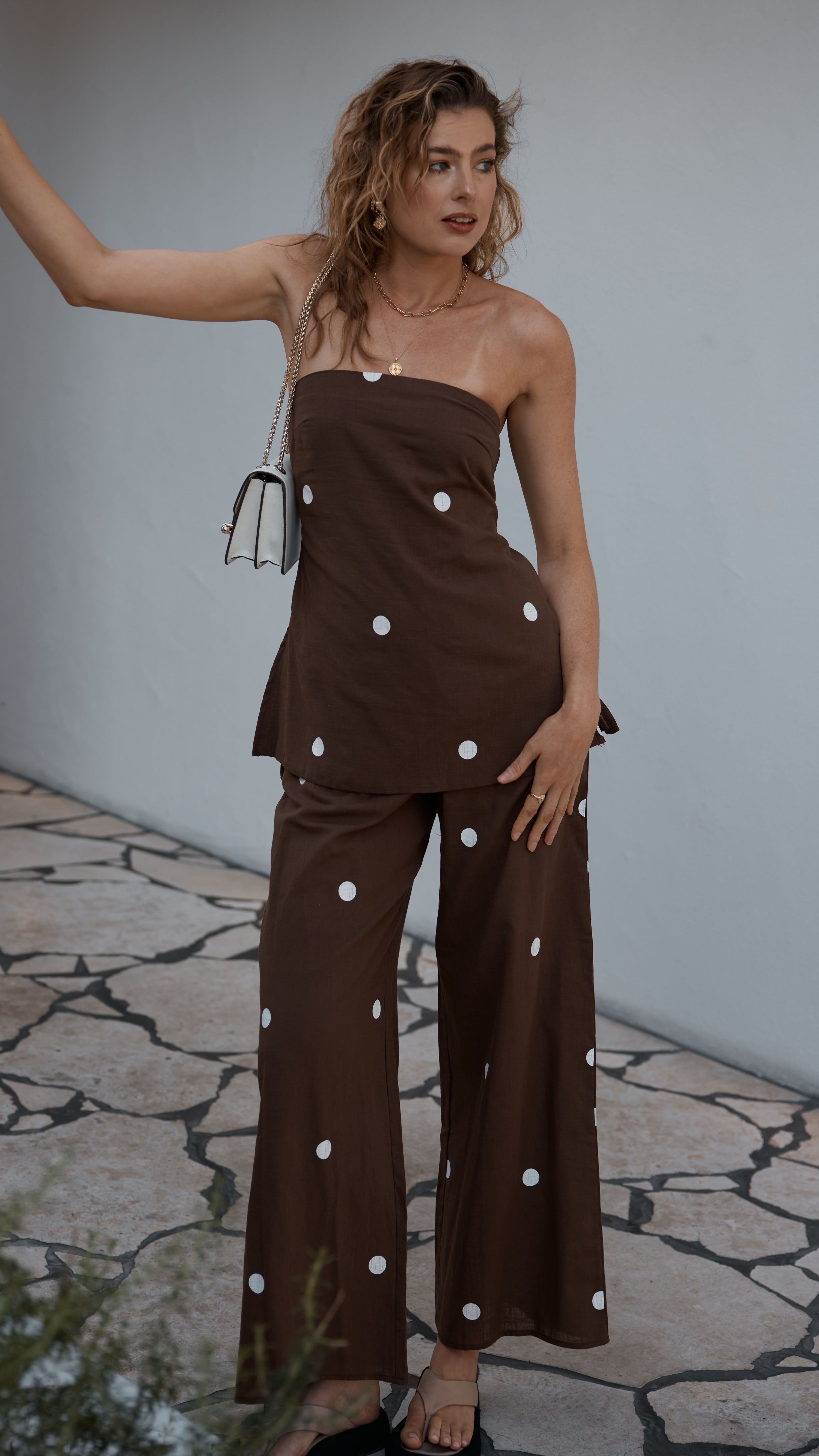 Kailani Strapless Top and Pants Set - Chocolate / White Polka Dot - Billy J