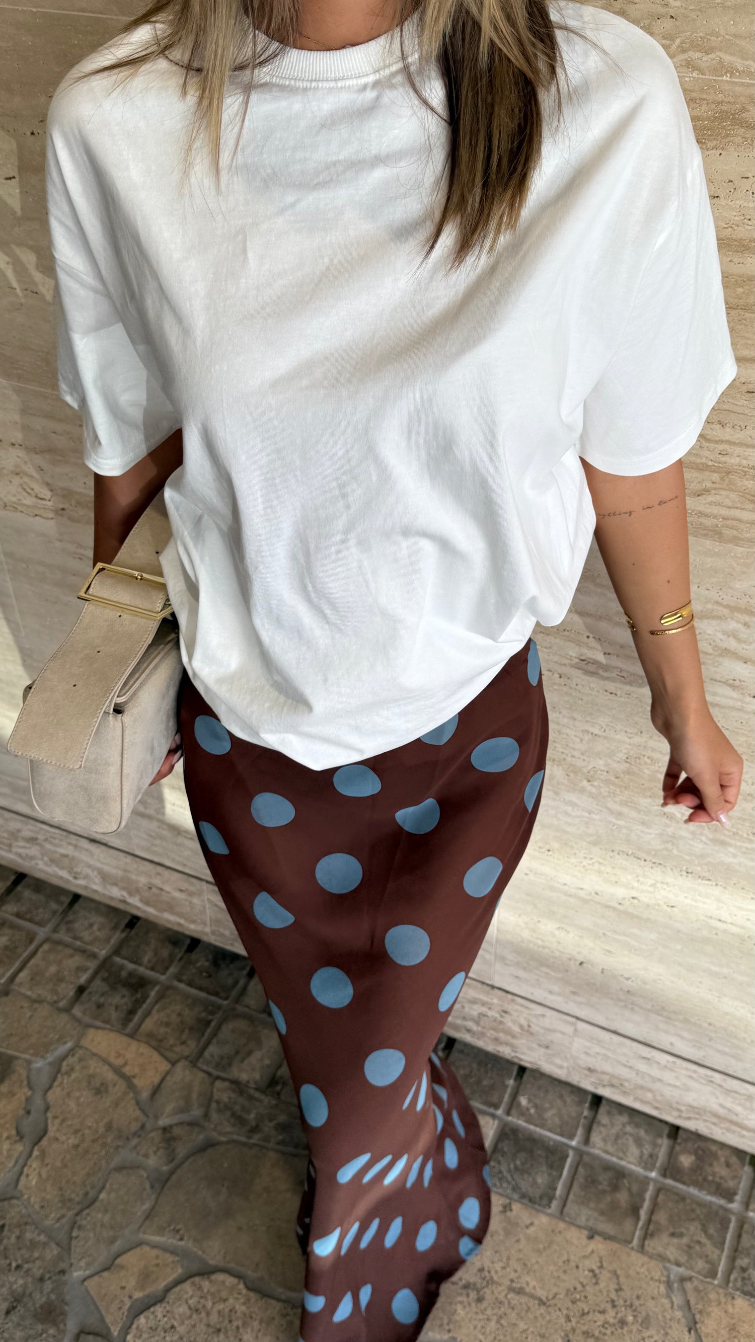 Yumi Oversized Tee and Sheer Skirt Set - White/Brown/Blue Polka - Billy J