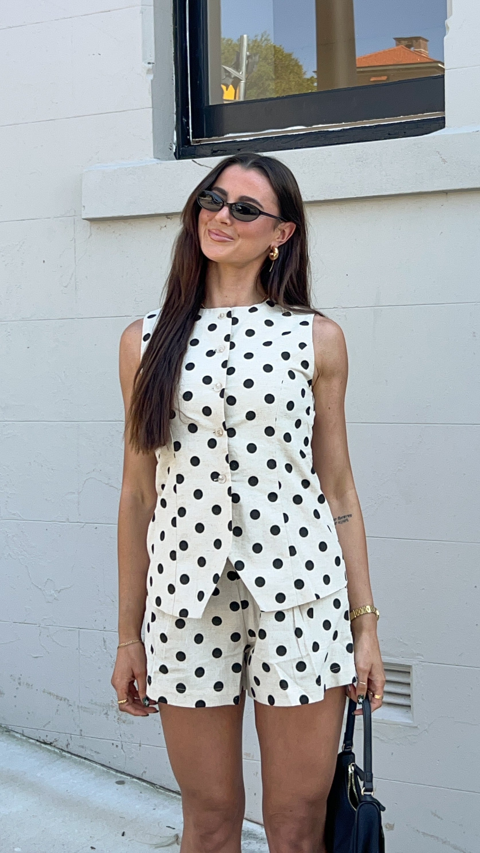 Laolani Button Up Vest Top - Oat Black Polka - Billy J