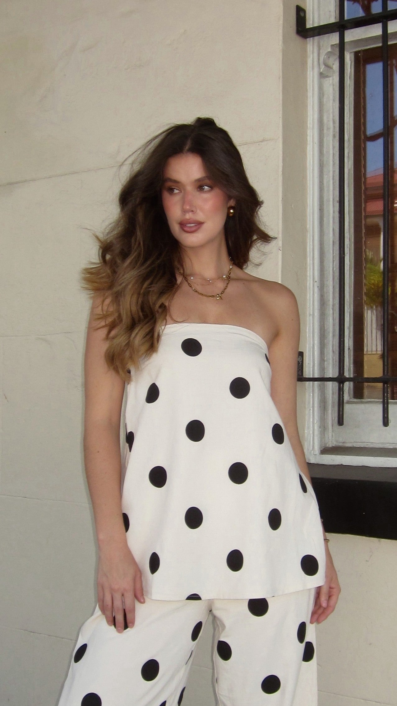 Hazelle Strapless Top - Beige/Black Polka Dot - Billy J