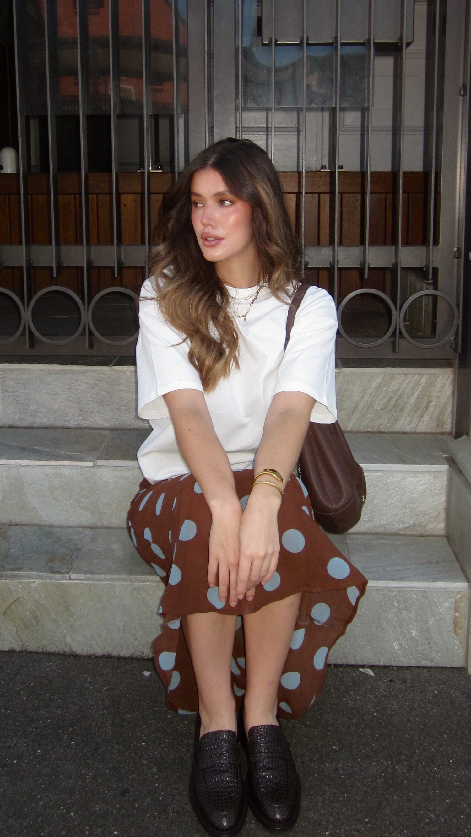 Yumi Oversized Tee and Sheer Skirt Set - White/Brown/Blue Polka - Billy J