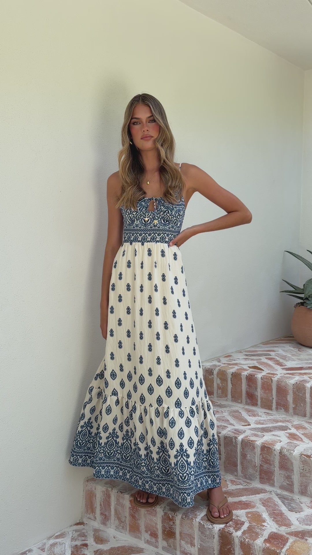 Load video: Sable Maxi Dress - Blue/White - Billy J