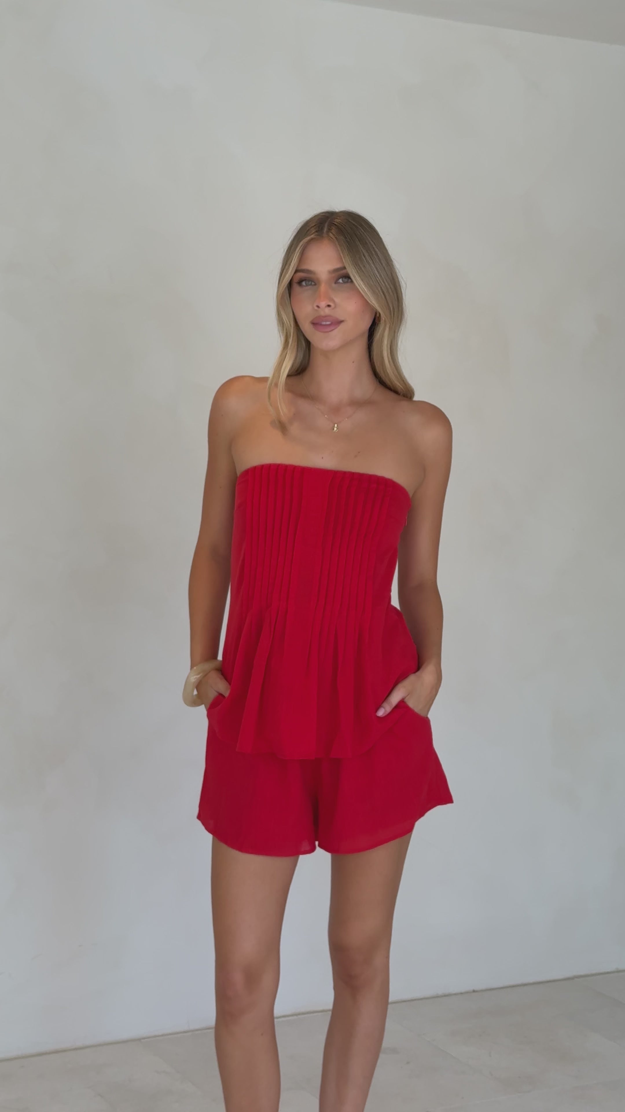 Load video: Sharni Strapless Pleat Top and Shorts Set - Red - Billy J