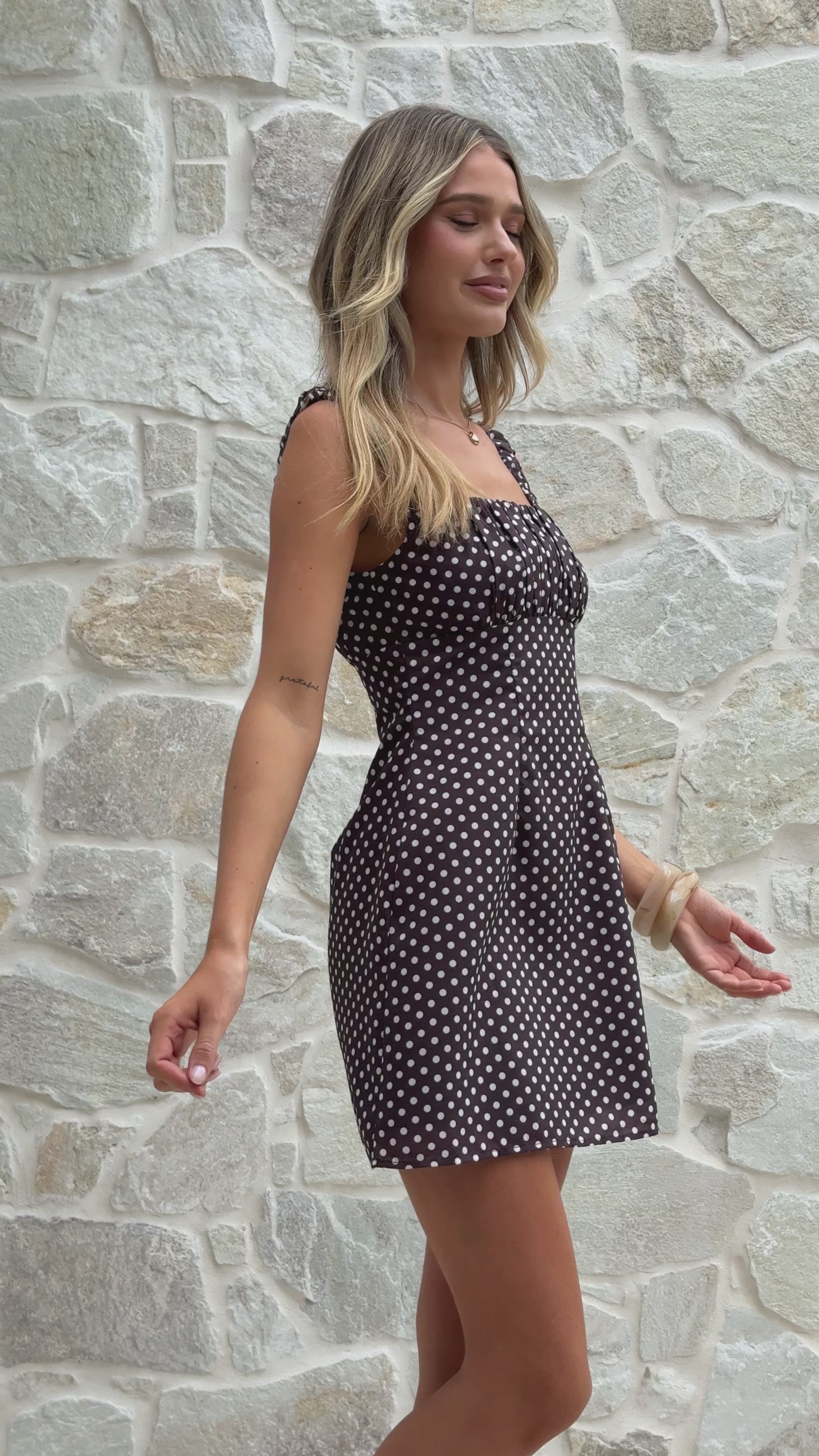 Load video: Adley Mini Dress - Brown Polka - Billy J