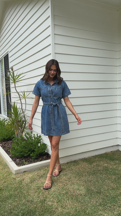 Load and play video in Gallery viewer, Achaia Denim Button Up Mini Dress - Dark Blue
